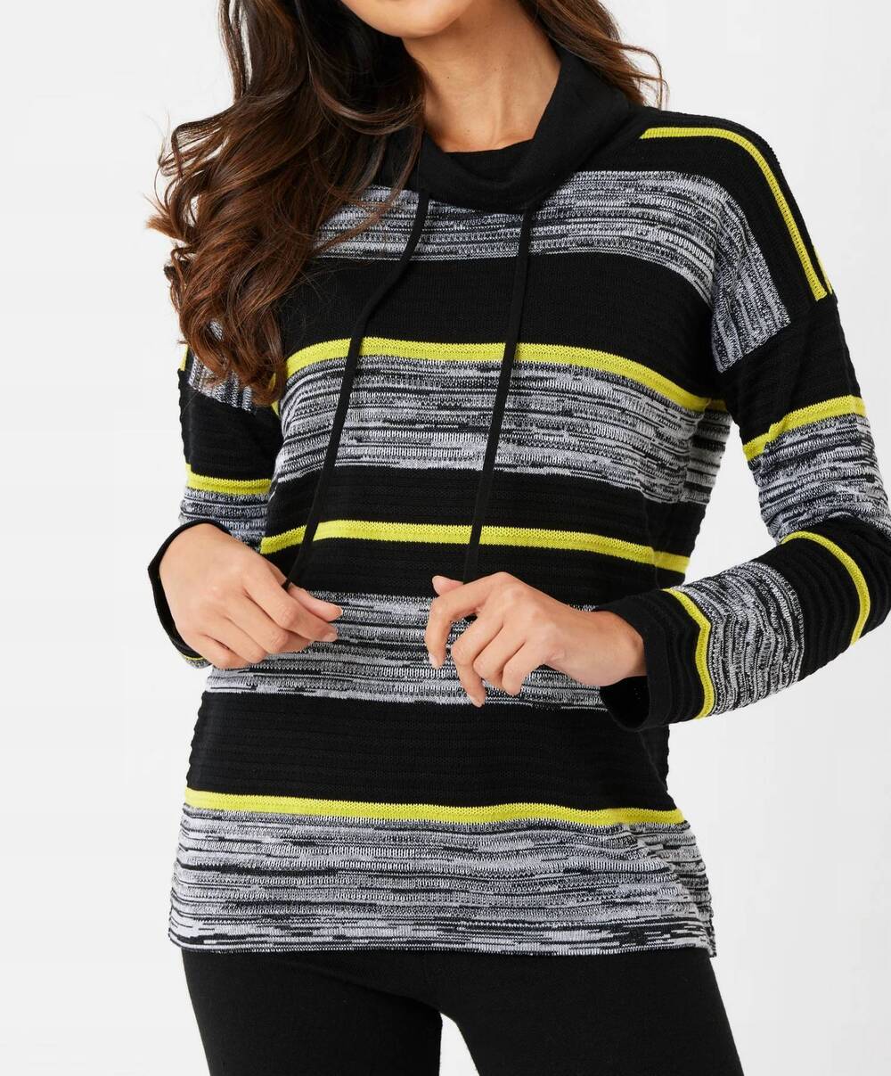 NEW FRENCH KYSS striped drawstring cowl neck sweater in lime multi